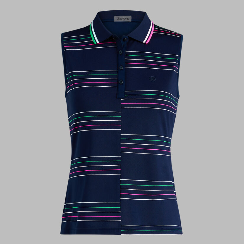 OFFSET STRIPE TECH PIQU&Eacute; SLEEVELESS POLO